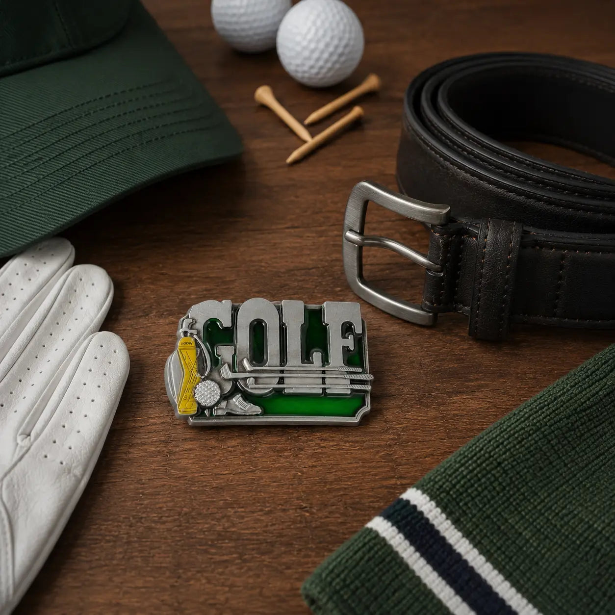 Golf Belt Buckle | Green Enamel & Yellow Golf Bag Detail - Flash My Buckle