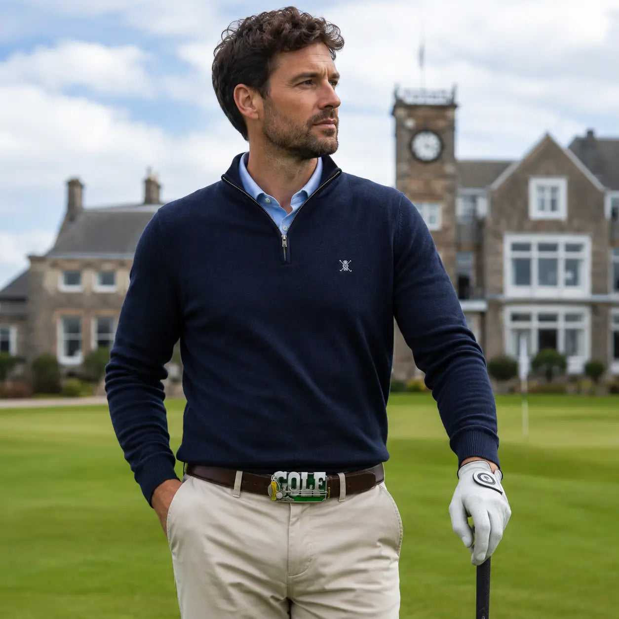 Golf Belt Buckle | Green Enamel & Yellow Golf Bag Detail - Flash My Buckle