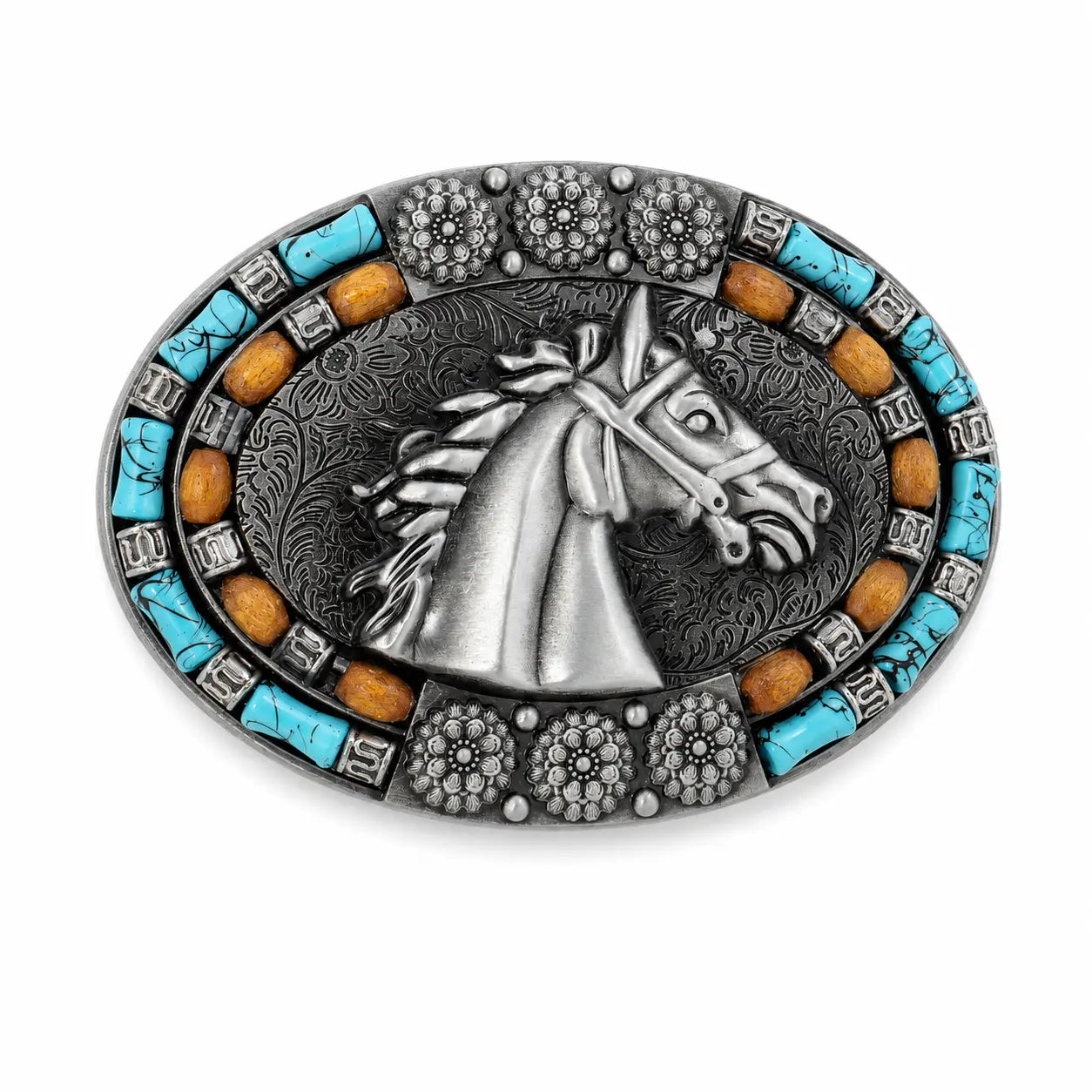 An oval silver-toned belt buckle featuring a raised horse head motif in the center, surrounded by turquoise and orange stone accents on a white background.