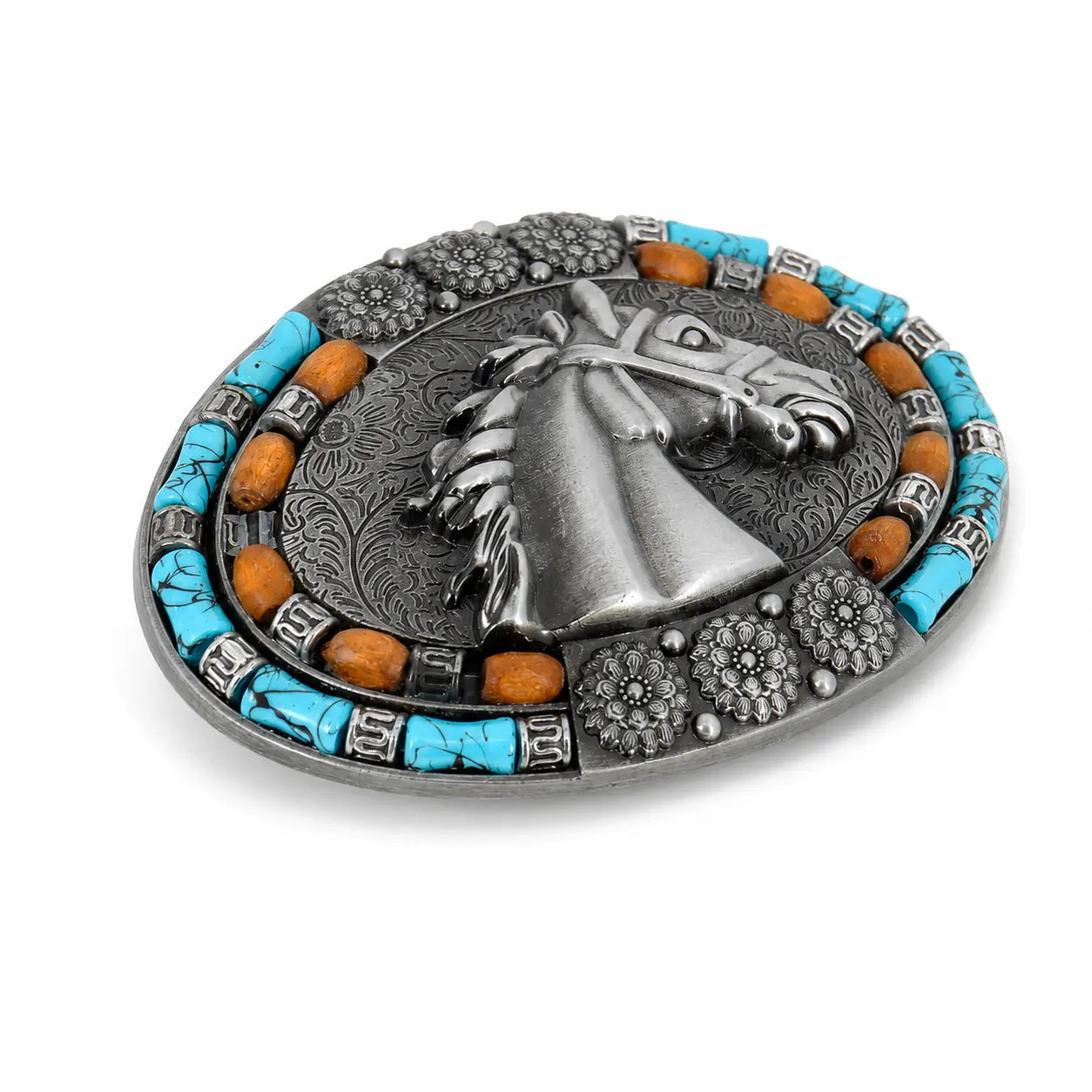 An oval silver-toned belt buckle featuring a raised horse head motif, surrounded by a border of turquoise, orange, and silver floral accents on a white background.
