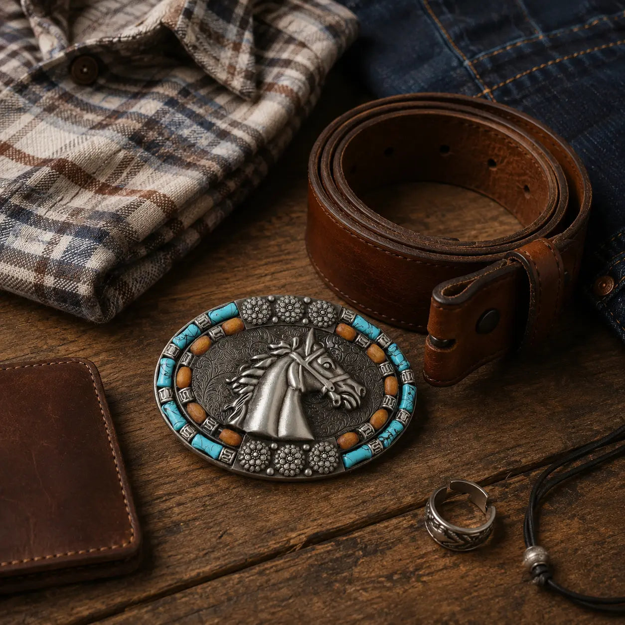 A western-style belt buckle featuring a raised horse head motif with turquoise and brown accents, displayed on a rustic wooden surface alongside a brown leather belt, folded plaid shirt, denim fabric, a wallet, rings, and a cord accessory.