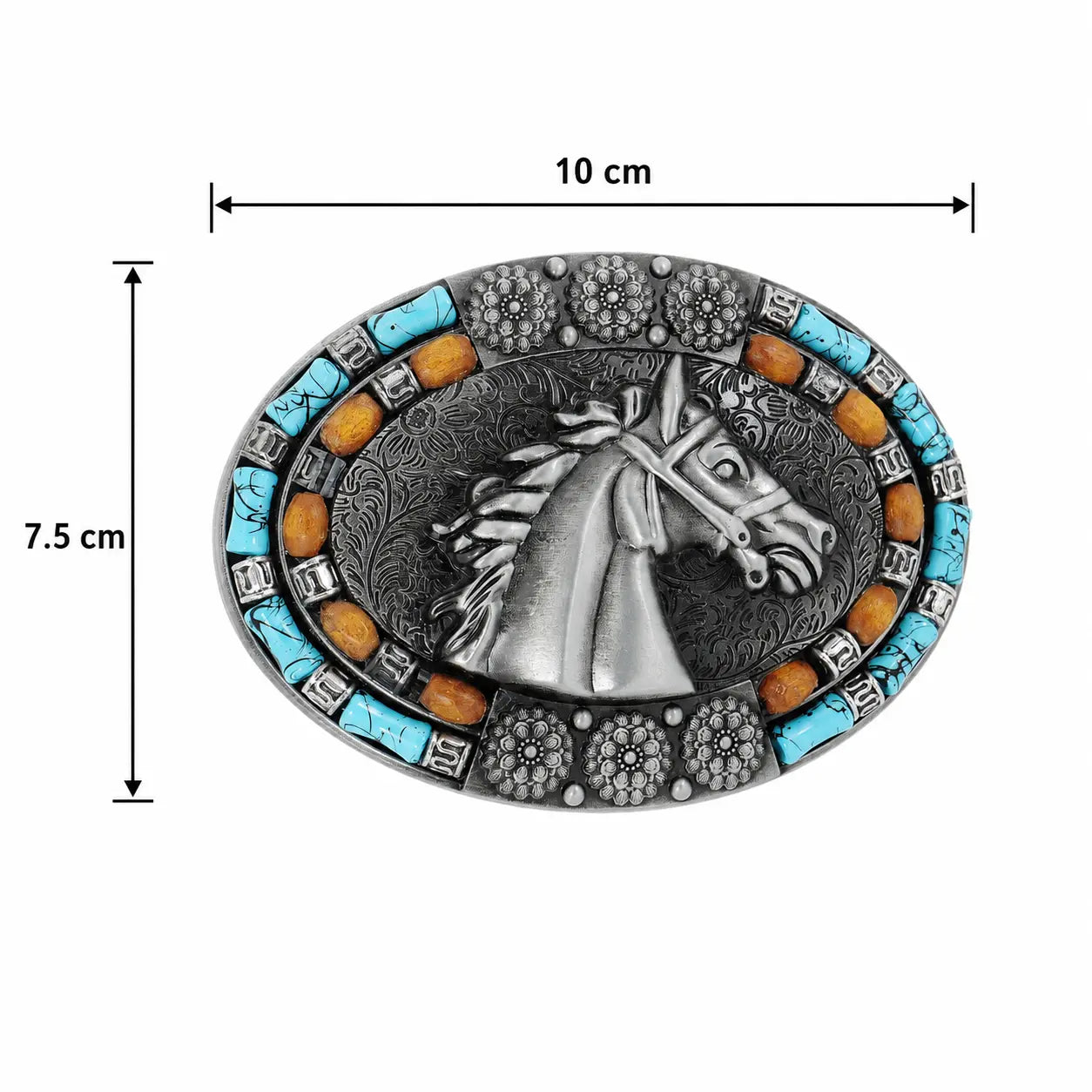 Oval western-style belt buckle with a silver-toned horse head motif, turquoise blue stones, and amber accents, shown with dimension markings of 10 cm width and 7.5 cm height on a white background.