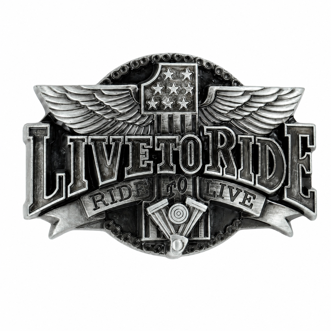Live to Ride Belt Buckle | Wings, V-Twin Engine & Stars
