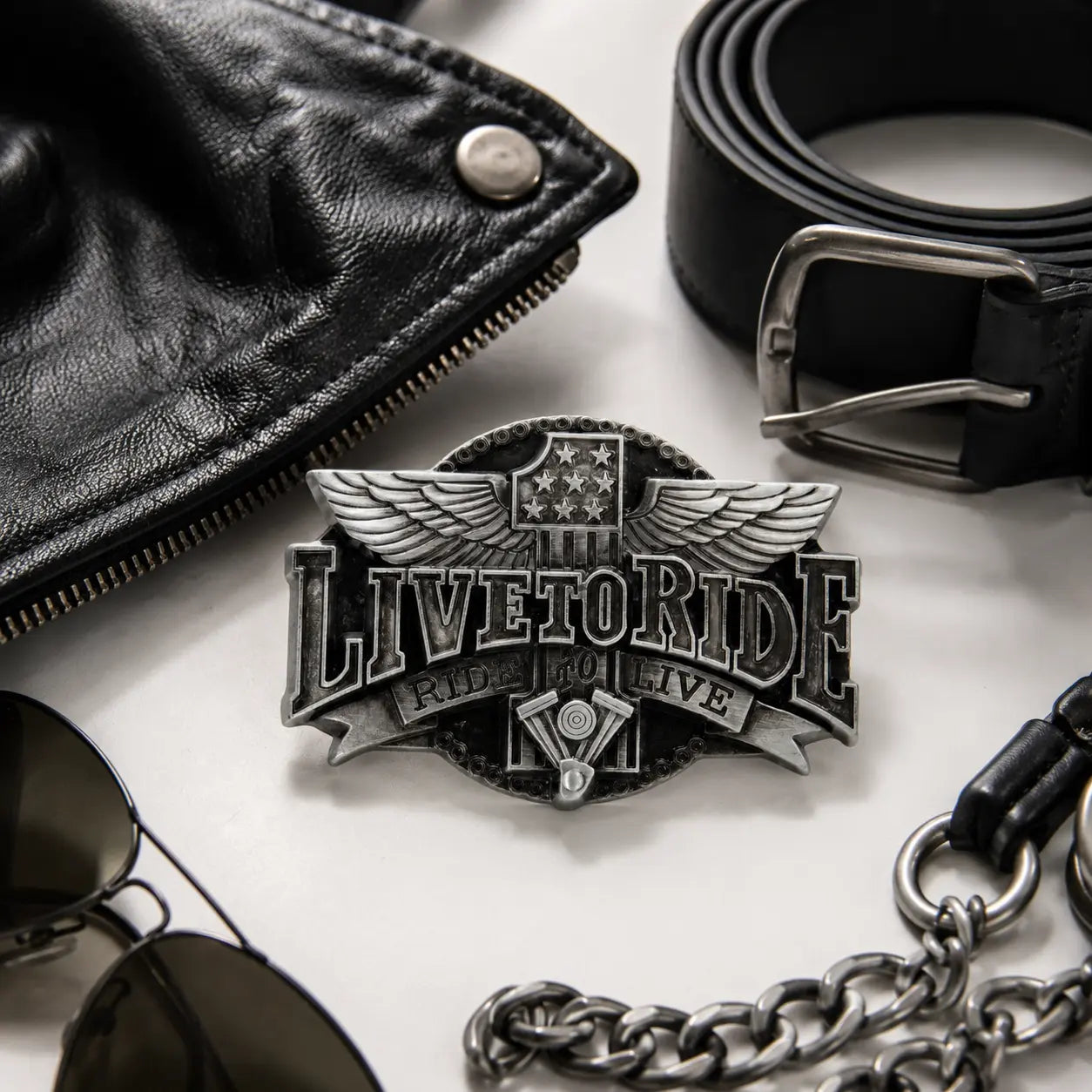 Live to Ride Belt Buckle | Wings, V-Twin Engine & Stars Flash My Buckle