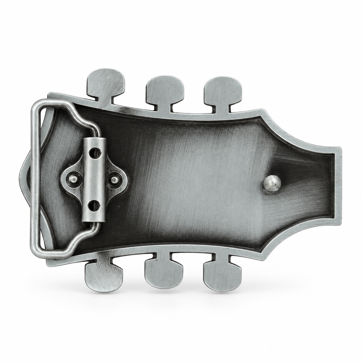 Rear of FMB226 guitar headstock belt buckle showing belt loop and hook fitting