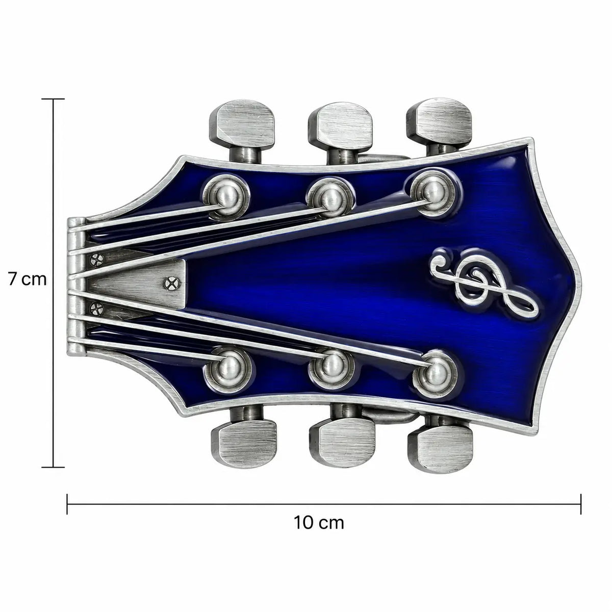 Guitar headstock belt buckle size guide showing 10 cm by 7 cm dimensions
