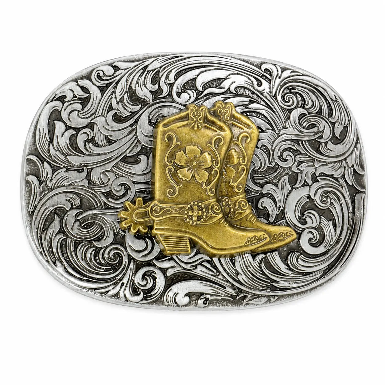 Cowboy Boot Belt Buckle | Brass Boot on Silver Scroll Engraving Flash My Buckle