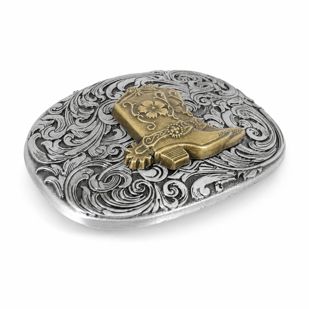 Cowboy Boot Belt Buckle | Brass Boot on Silver Scroll Engraving