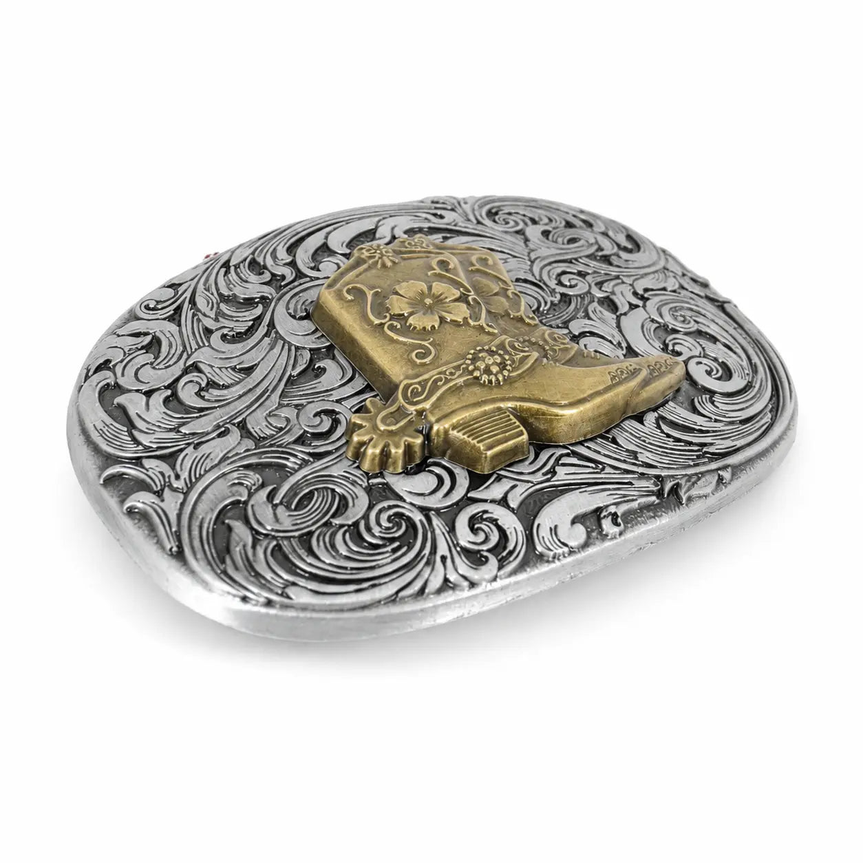 Cowboy Boot Belt Buckle | Brass Boot on Silver Scroll Engraving Flash My Buckle