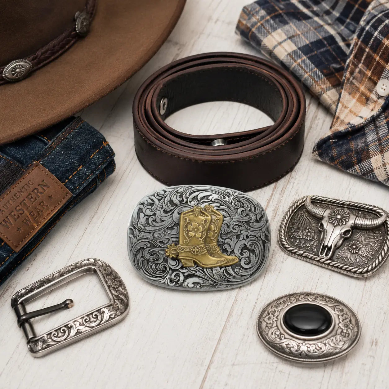 Cowboy Boot Belt Buckle | Brass Boot on Silver Scroll Engraving Flash My Buckle