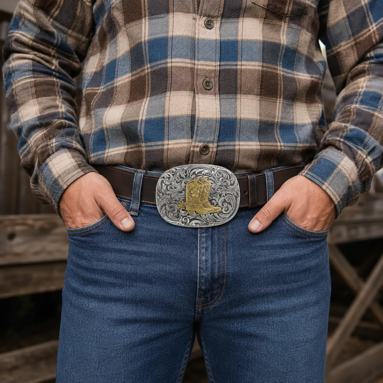 Cowboy Boot Belt Buckle | Brass Boot on Silver Scroll Engraving Flash My Buckle