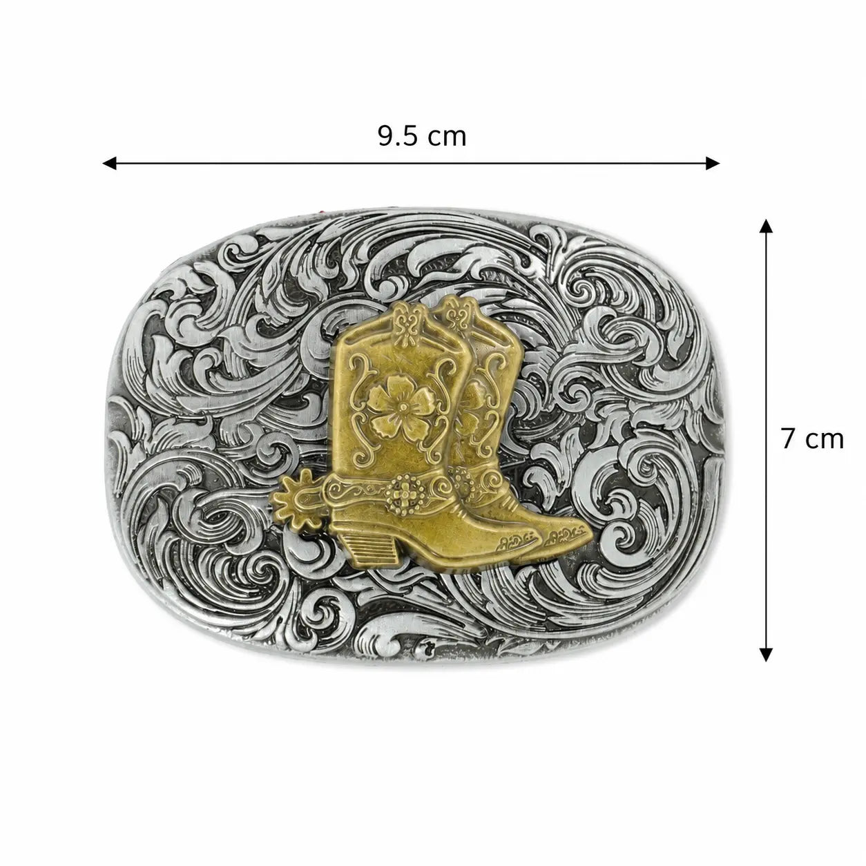 Cowboy Boot Belt Buckle | Brass Boot on Silver Scroll Engraving Flash My Buckle