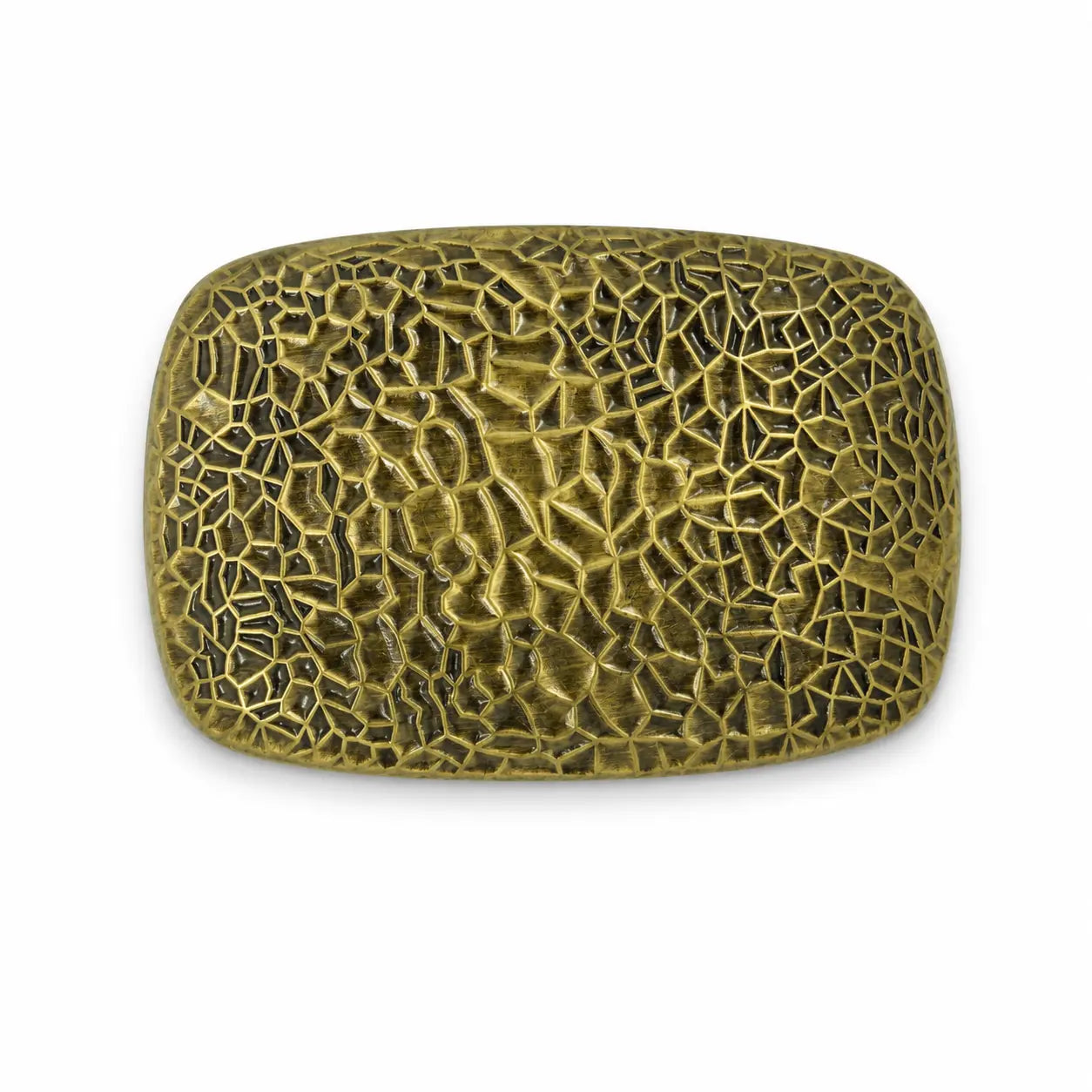 A rectangular belt buckle with rounded corners, featuring a textured, crackled metallic gold finish on a white background.