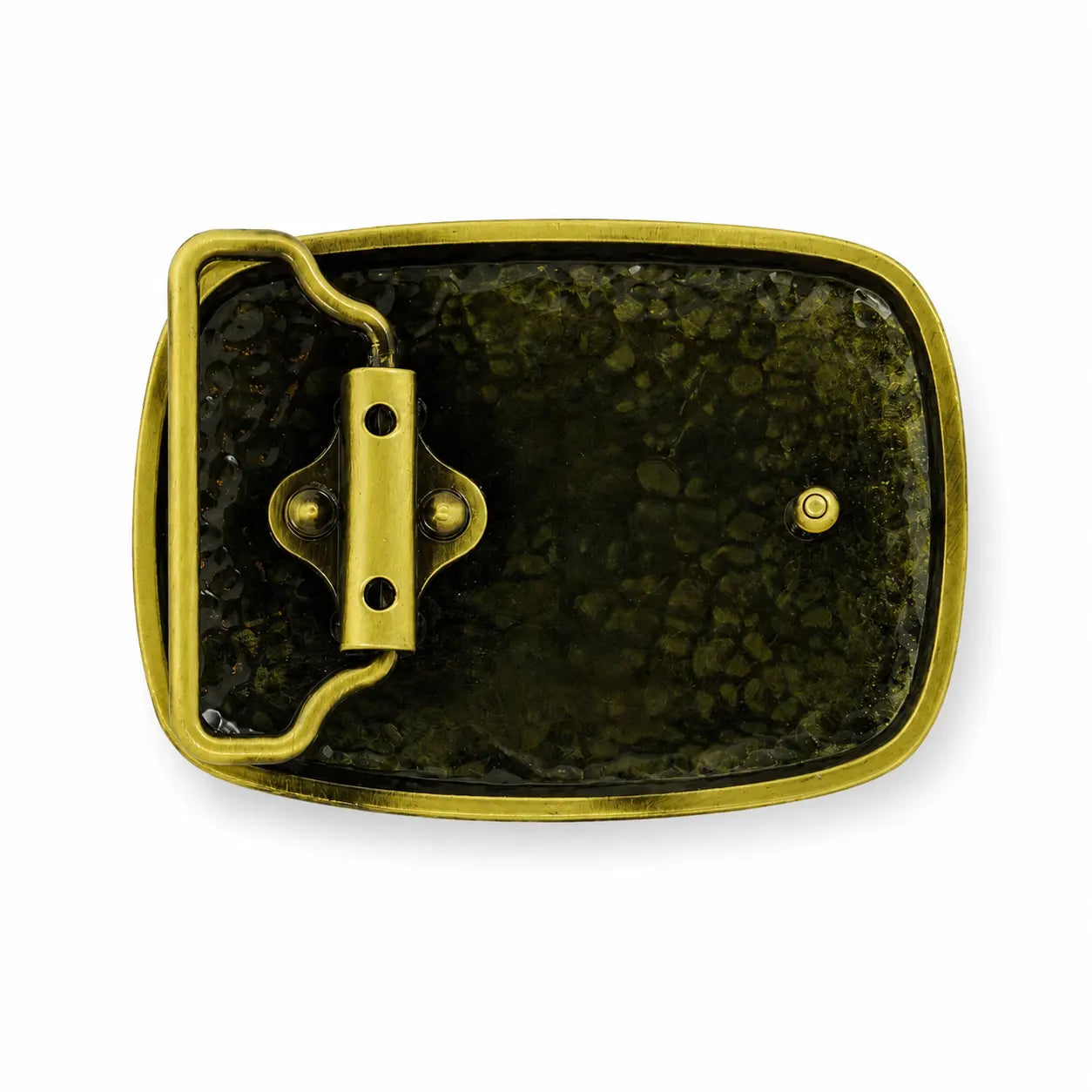 A rectangular belt buckle with a textured dark green and black patterned center, a polished gold-tone metal border, and a matching gold-tone buckle mechanism on a white background.
