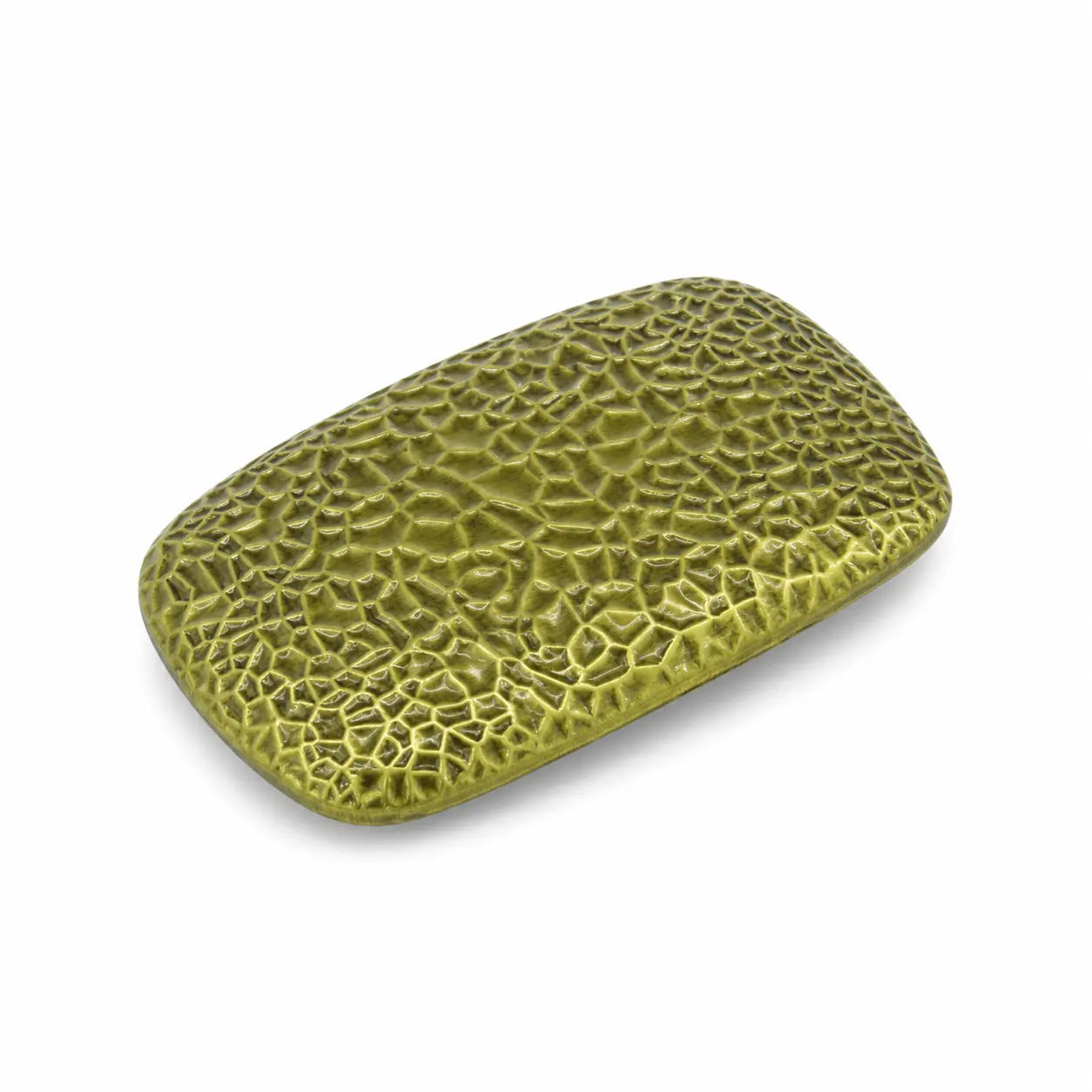 A textured olive green rectangular BELT BUCKLE with rounded corners, featuring a detailed reptile or scales pattern, shown on a plain white background.