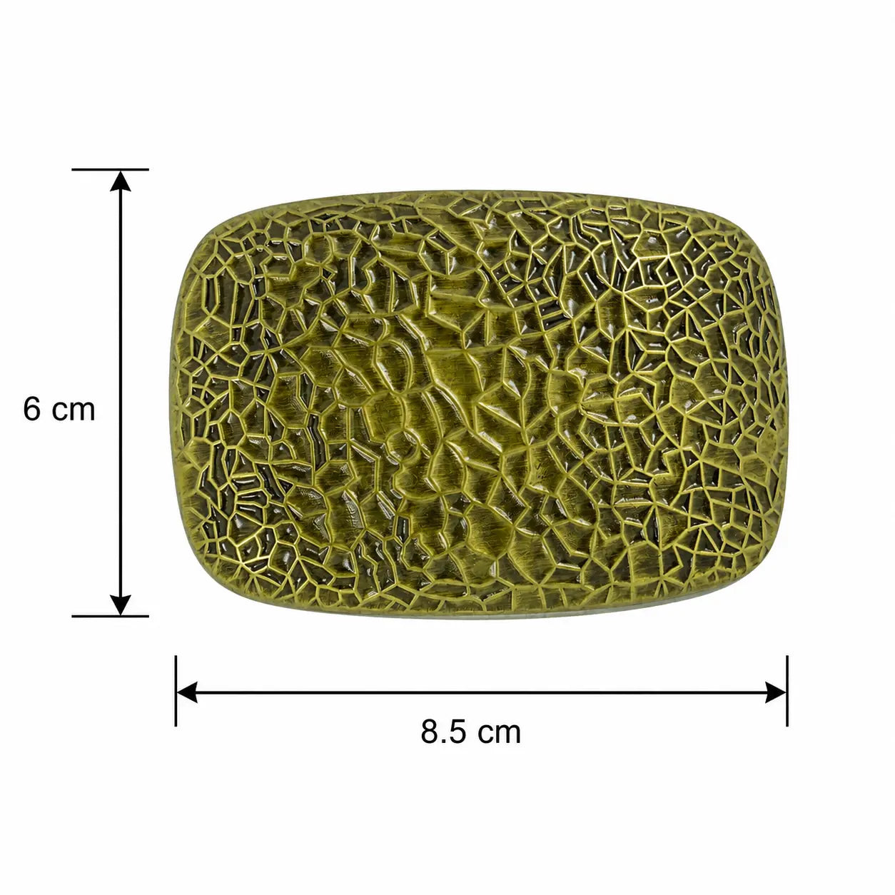 An olive brass textured rectangular box with rounded corners, shown with black dimension lines indicating a height of 6 cm and a width of 8.5 cm on a white background.