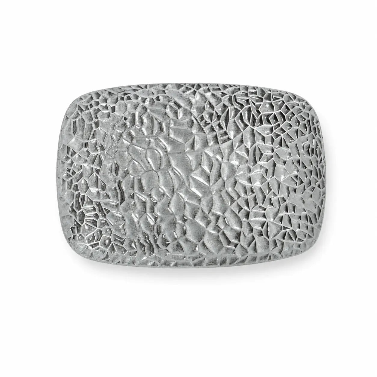 A silver-toned metal belt buckle with a textured, hammered, and cracked stone-like pattern, shown on a plain white background.