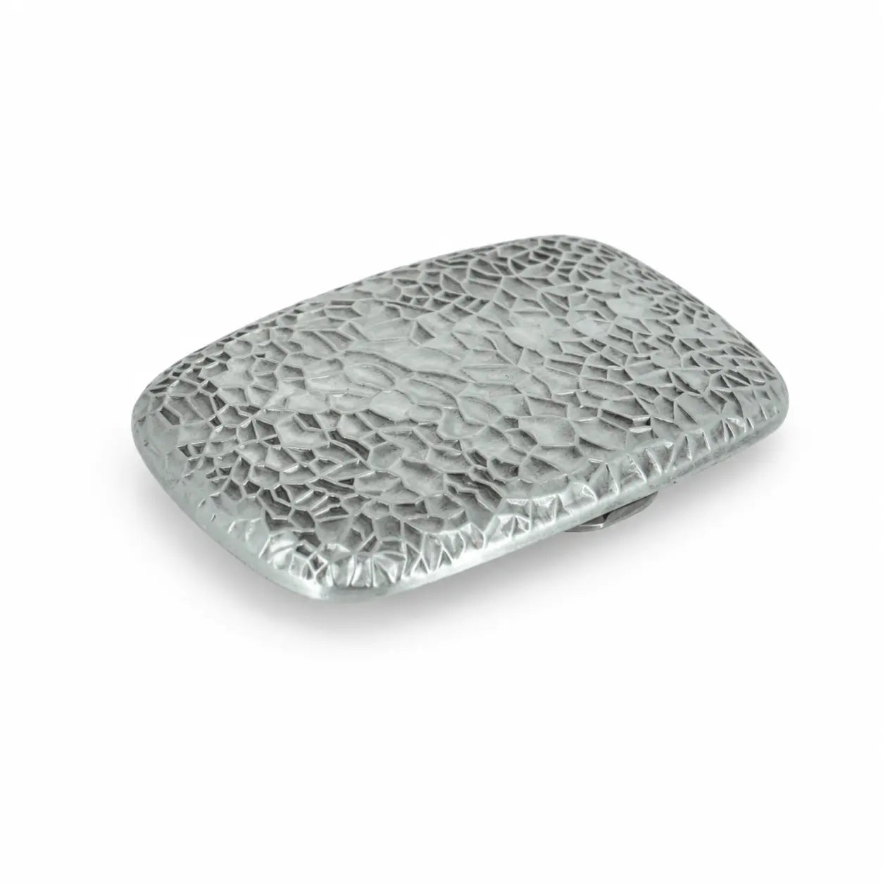A silver-toned metal belt buckle with a textured, hammered surface and rounded rectangular shape, shown on a plain white background.