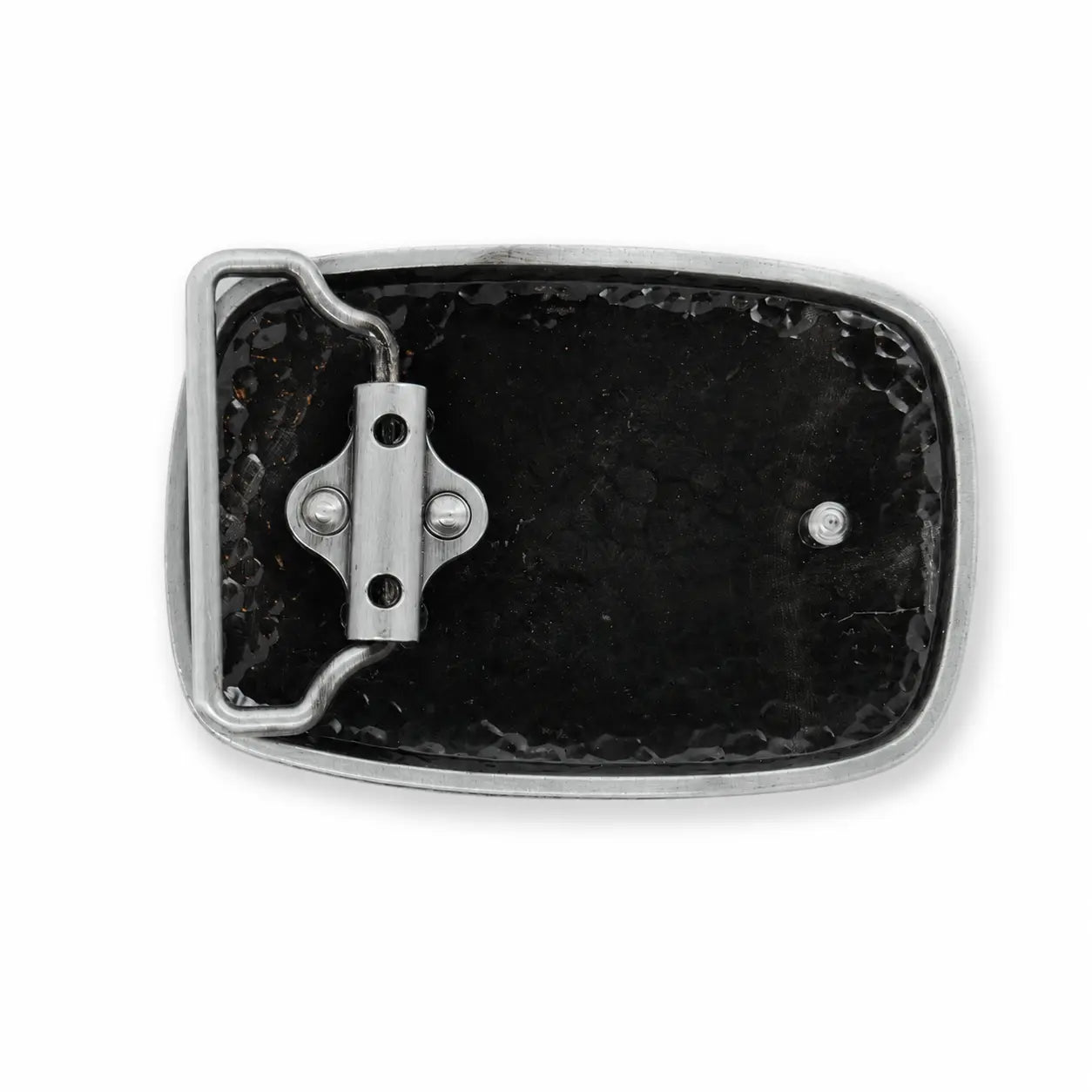 A close-up of the rear belt buckle with a textured black insert and a silver-toned metal frame and latch mechanism, shown on a plain white background.