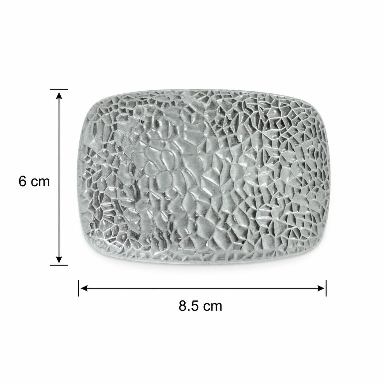 A silver textured belt buckle shown with dimension lines indicating a height of 6 cm and a width of 8.5 cm on a white background.