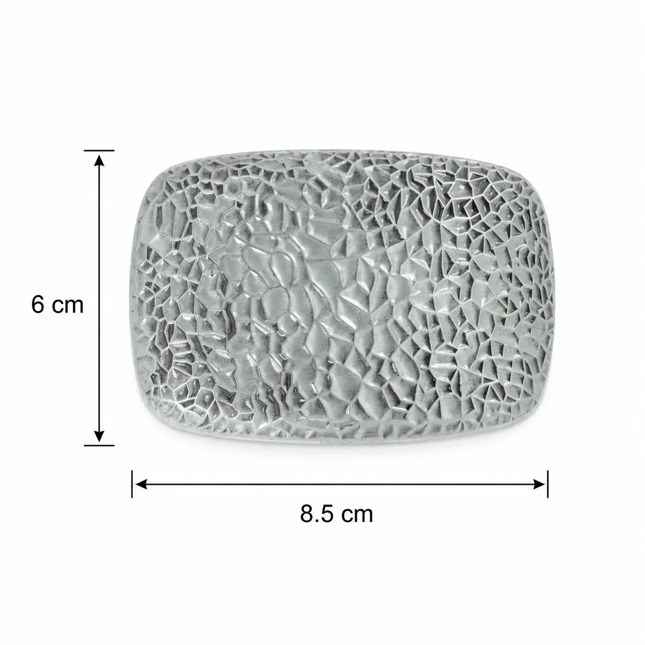 A silver textured belt buckle shown with dimension lines indicating a height of 6 cm and a width of 8.5 cm on a white background.