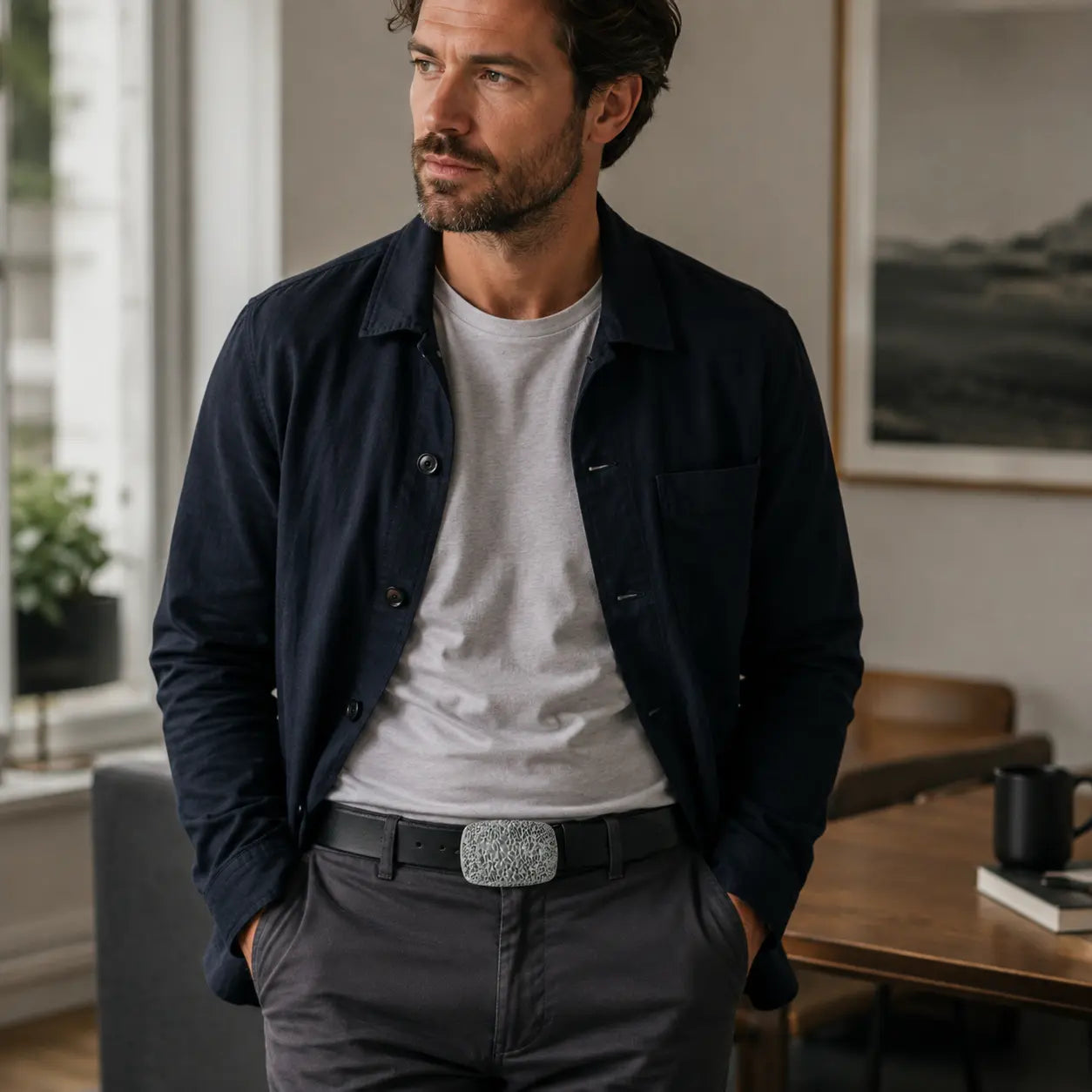 A man wearing a dark navy overshirt over a light gray t-shirt, paired with dark gray trousers and a textured silver belt buckle, standing in a modern indoor setting.