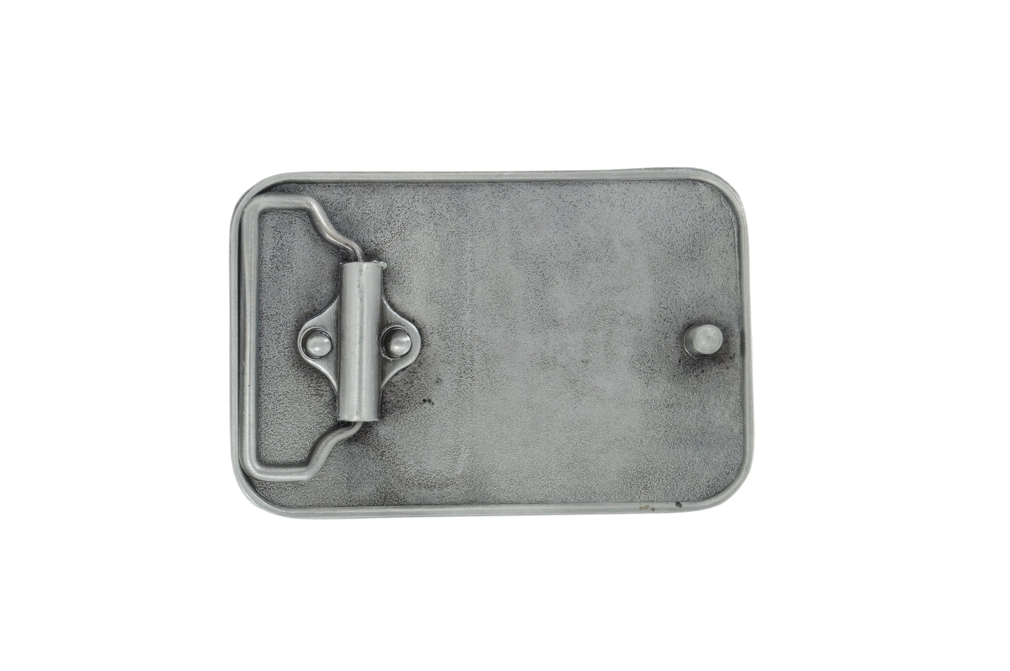 A rectangular gray metal belt buckle with a central pin and loop closure, photographed from above on a plain white background.