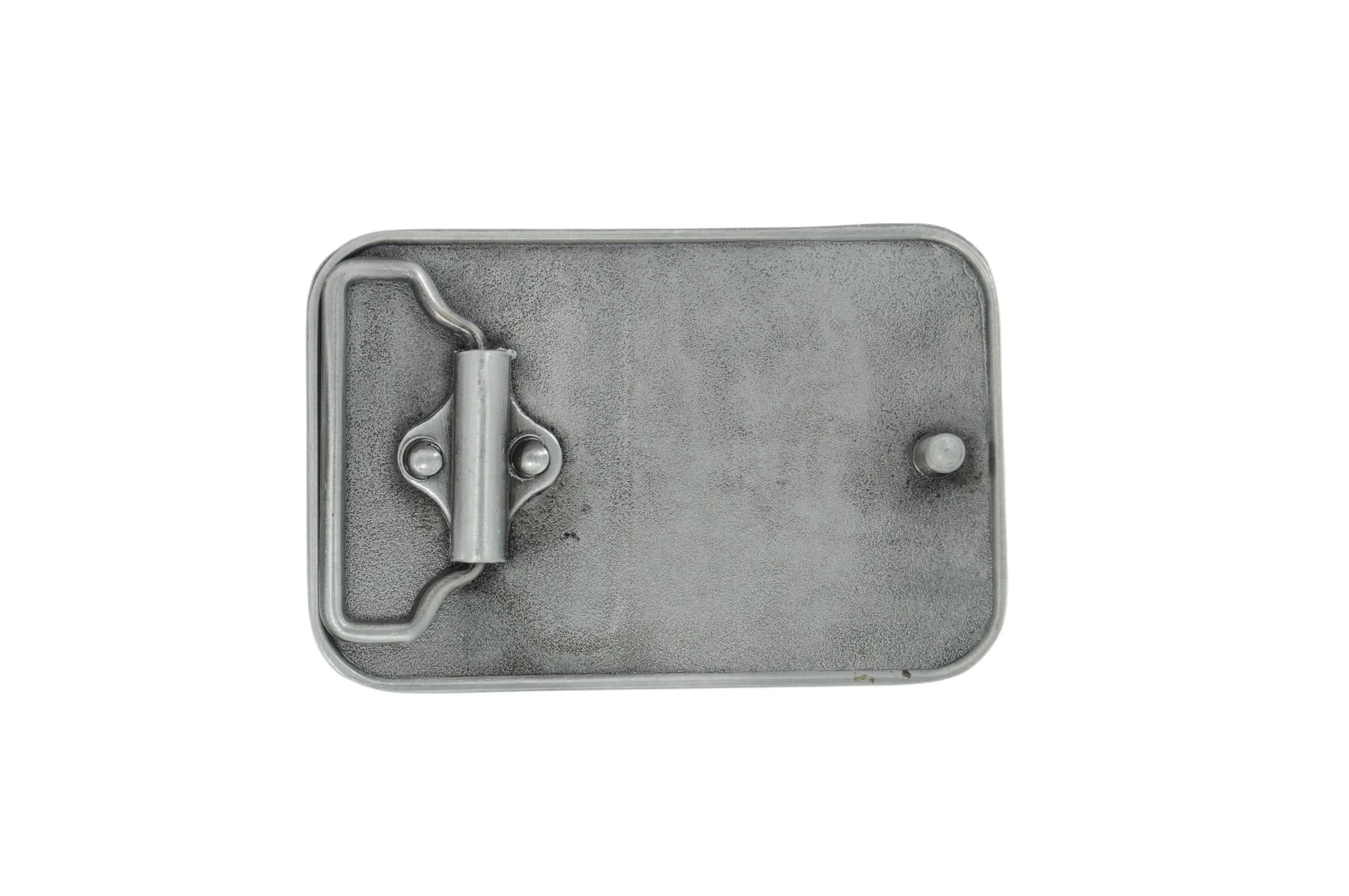 A rectangular gray metal belt buckle with a central pin and loop closure, photographed from above on a plain white background.