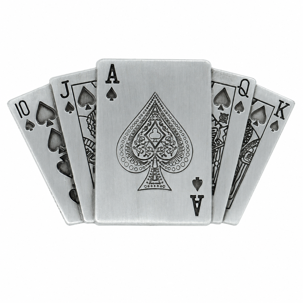 A set of five rectangular metal cards BELT BUCKLE shaped like playing cards, fanned out to show the backs and faces. The center card is an Ace of Spades with a brushed silver finish and engraved spade details, while the other cards show black spade symbols and suit markings on a white background.
