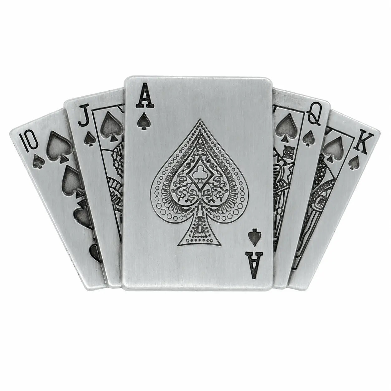 A set of five rectangular metal cards BELT BUCKLE shaped like playing cards, fanned out to show the backs and faces. The center card is an Ace of Spades with a brushed silver finish and engraved spade details, while the other cards show black spade symbols and suit markings on a white background.
