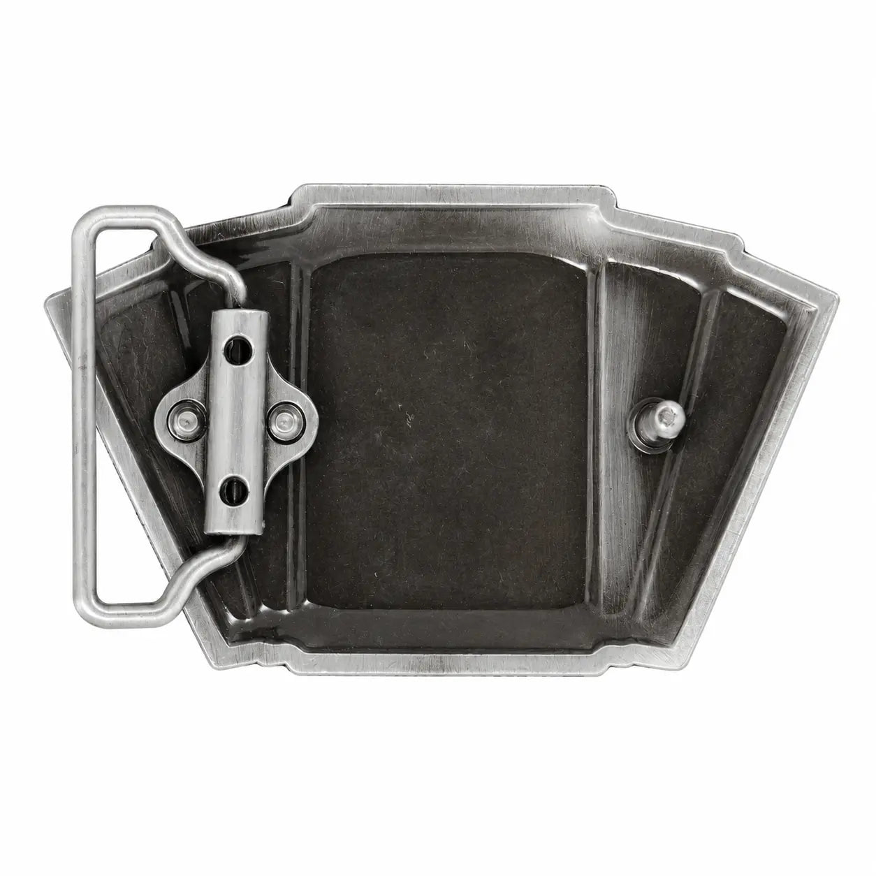 A rear view of a metal belt buckle with a rectangular insert, a central hinge clasp, and a flat looped bail on a plain white background.