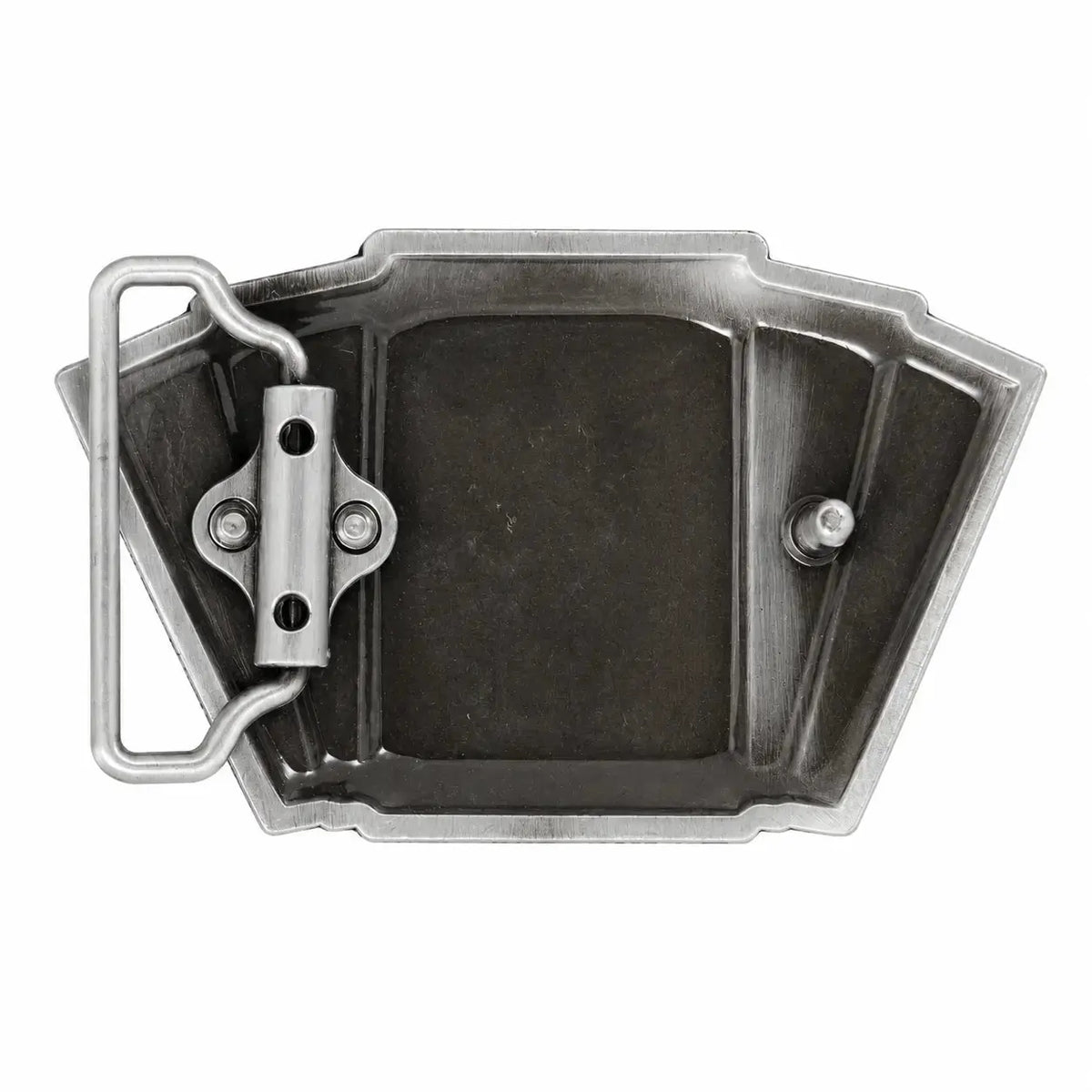 A rear view of a metal belt buckle with a rectangular insert, a central hinge clasp, and a flat looped bail on a plain white background.