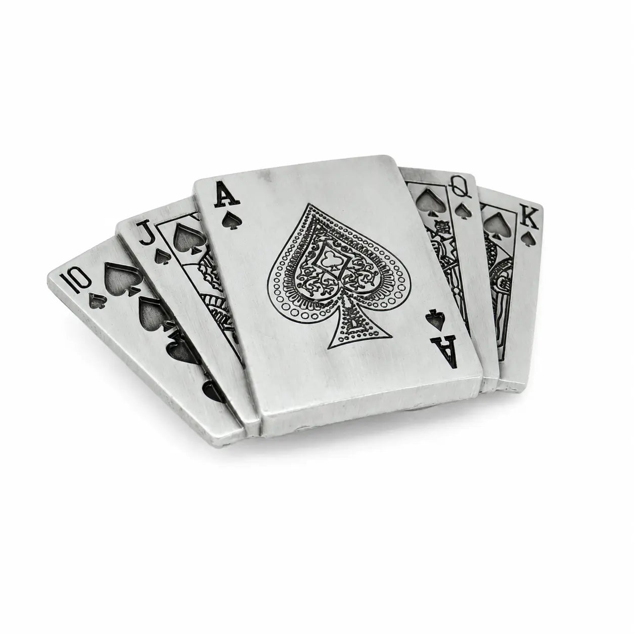 A set of silver metal playing cards fanned out on a white background, featuring engraved black spade designs and card faces including 10, J, A, Q, and K.