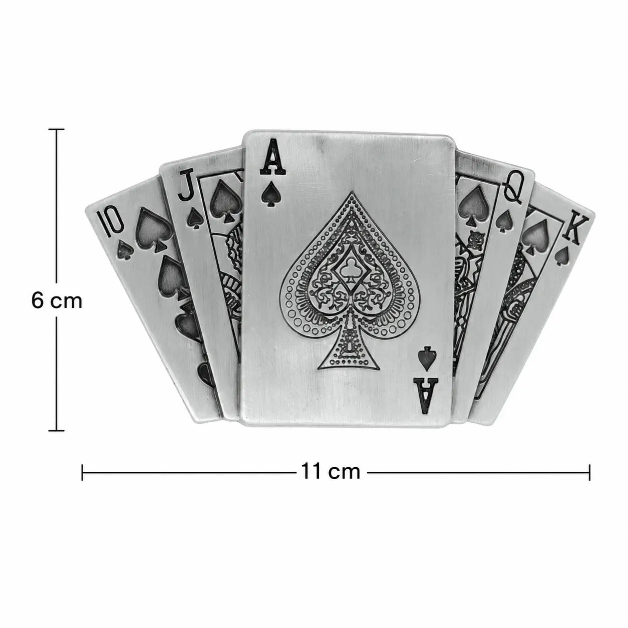 A set of five silver playing cards BELT BUCKLE (10, J, A, Q, K of Spades) fanned out against a white background, with black dimension lines and text indicating a height of 6 cm and a width of 11 cm.