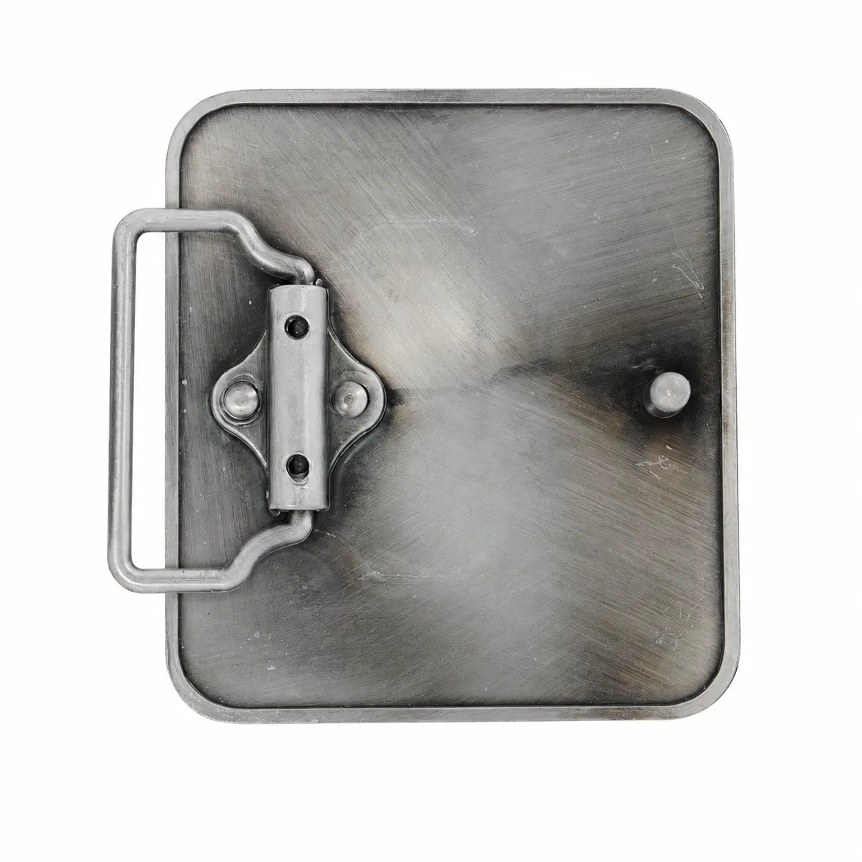Rear of a square metal belt buckle with a brushed silver finish and a matching metal keeper loop, shown on a plain white background.