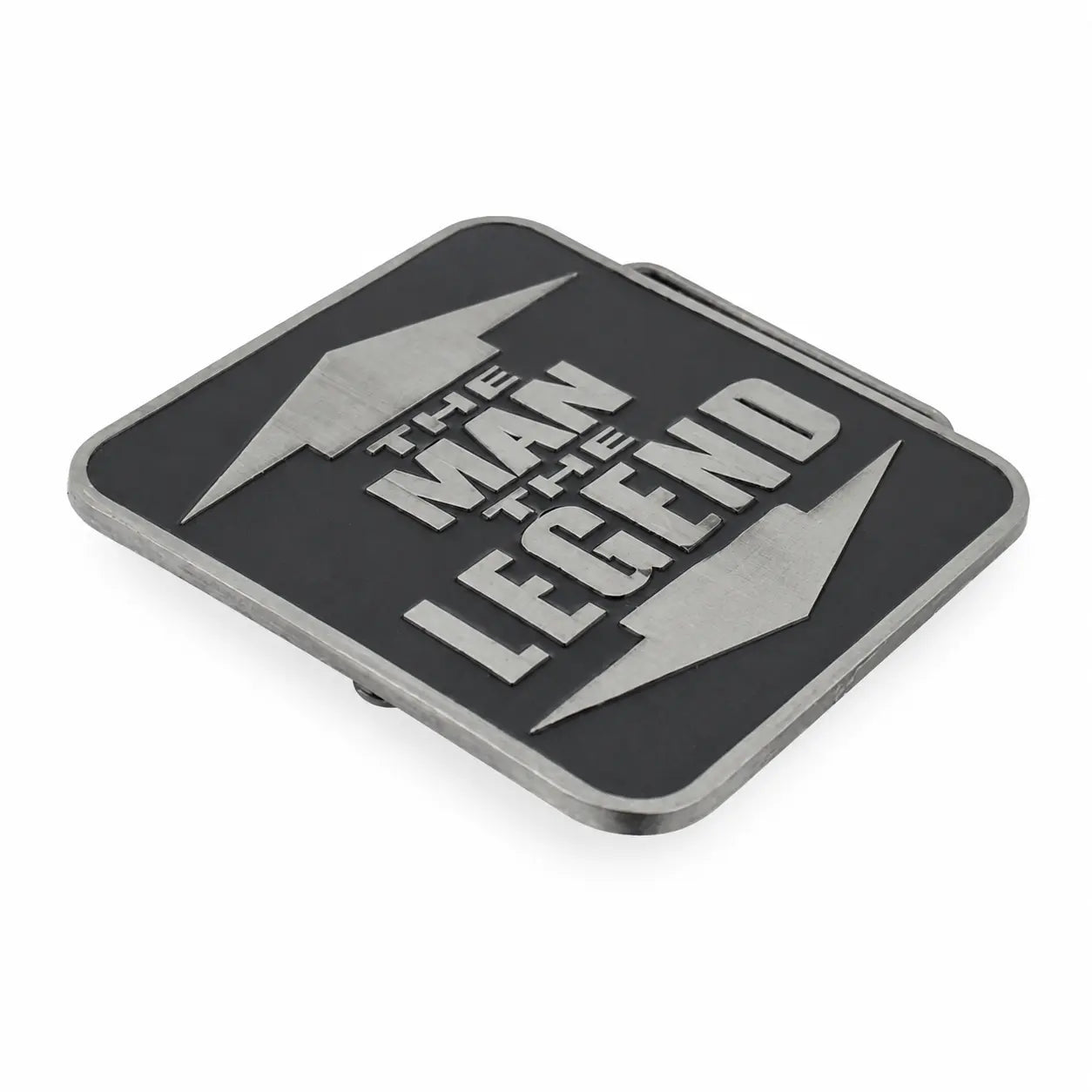 A rectangular black belt buckle with a silver metallic border and a bold silver design featuring the text 'THE MAN THE LEGEND' between two lightning bolts, shown on a plain white background.