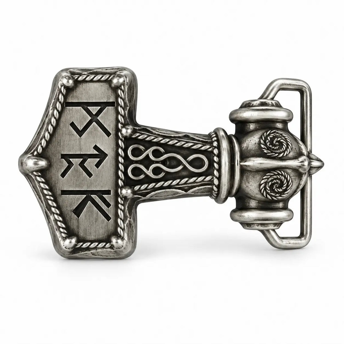 Silver Viking hammer belt buckle with dark rune-style symbols and decorative knotwork
