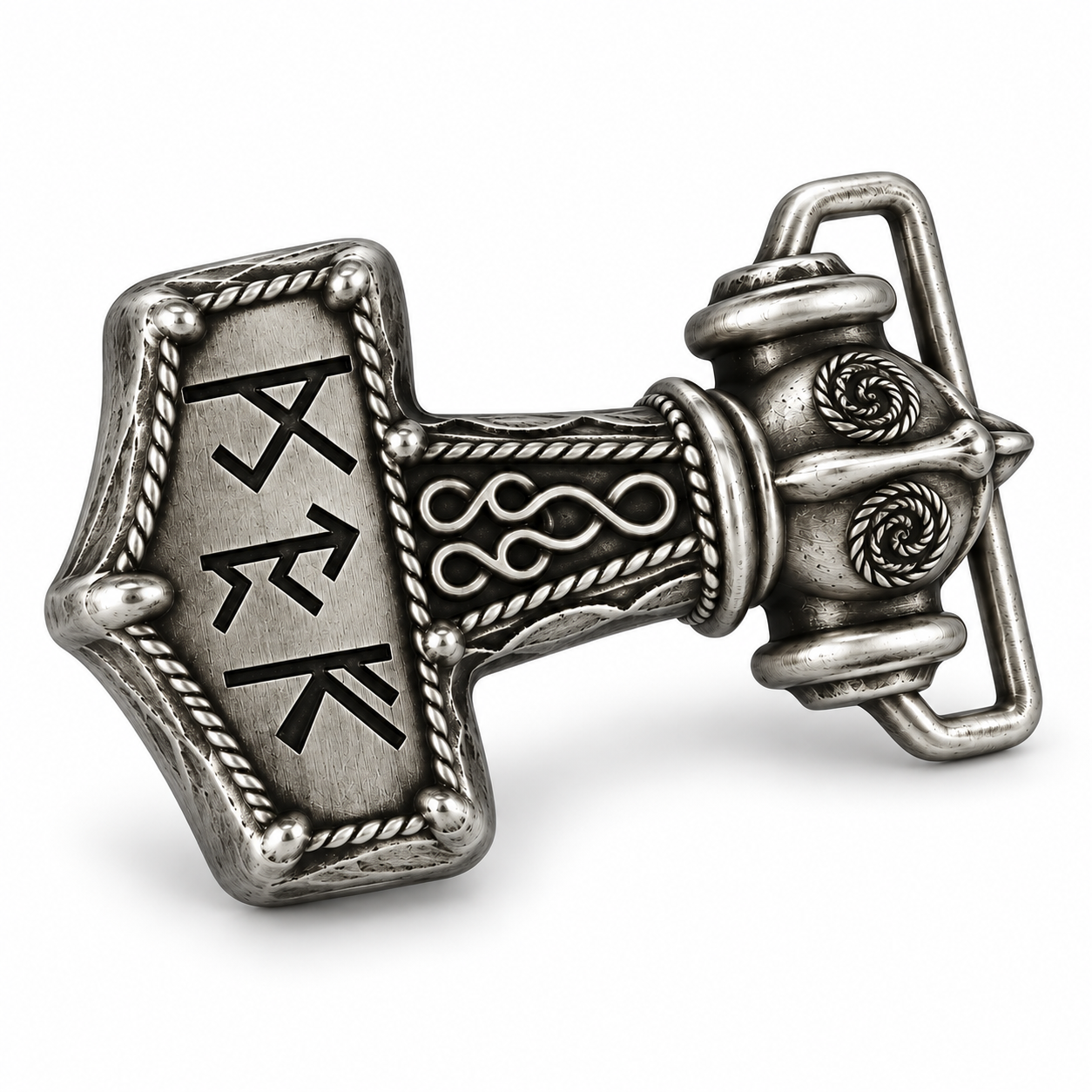 Angled view of silver Viking hammer belt buckle with raised decorative detailing
