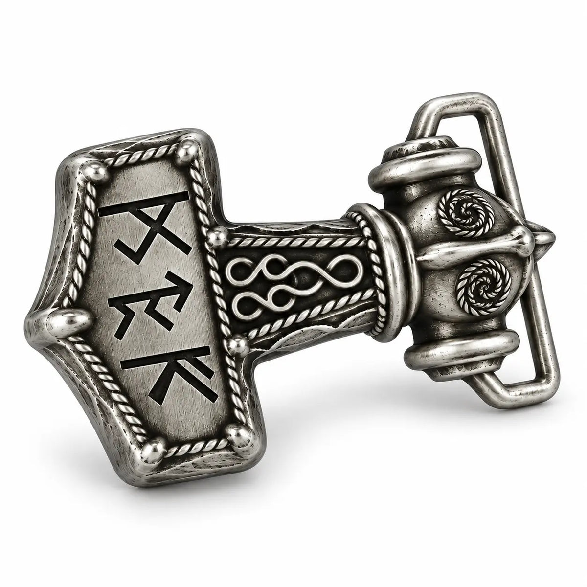 Angled view of silver Viking hammer belt buckle with raised decorative detailing