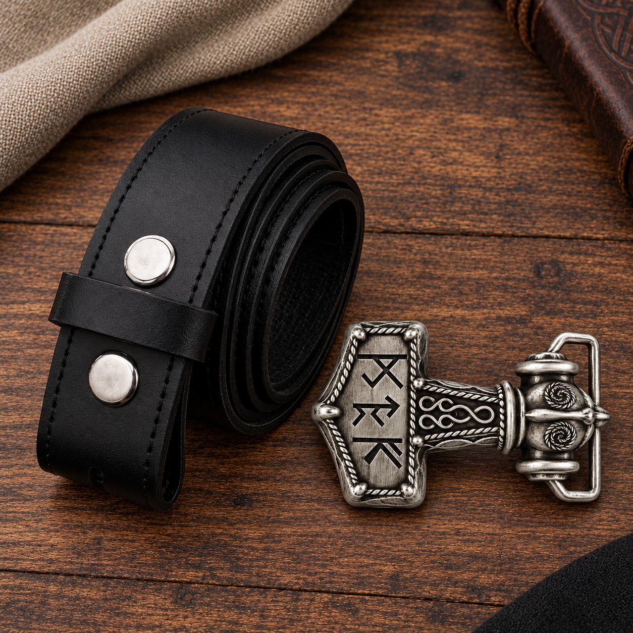 Silver Viking hammer buckle beside black 38 mm leather belt