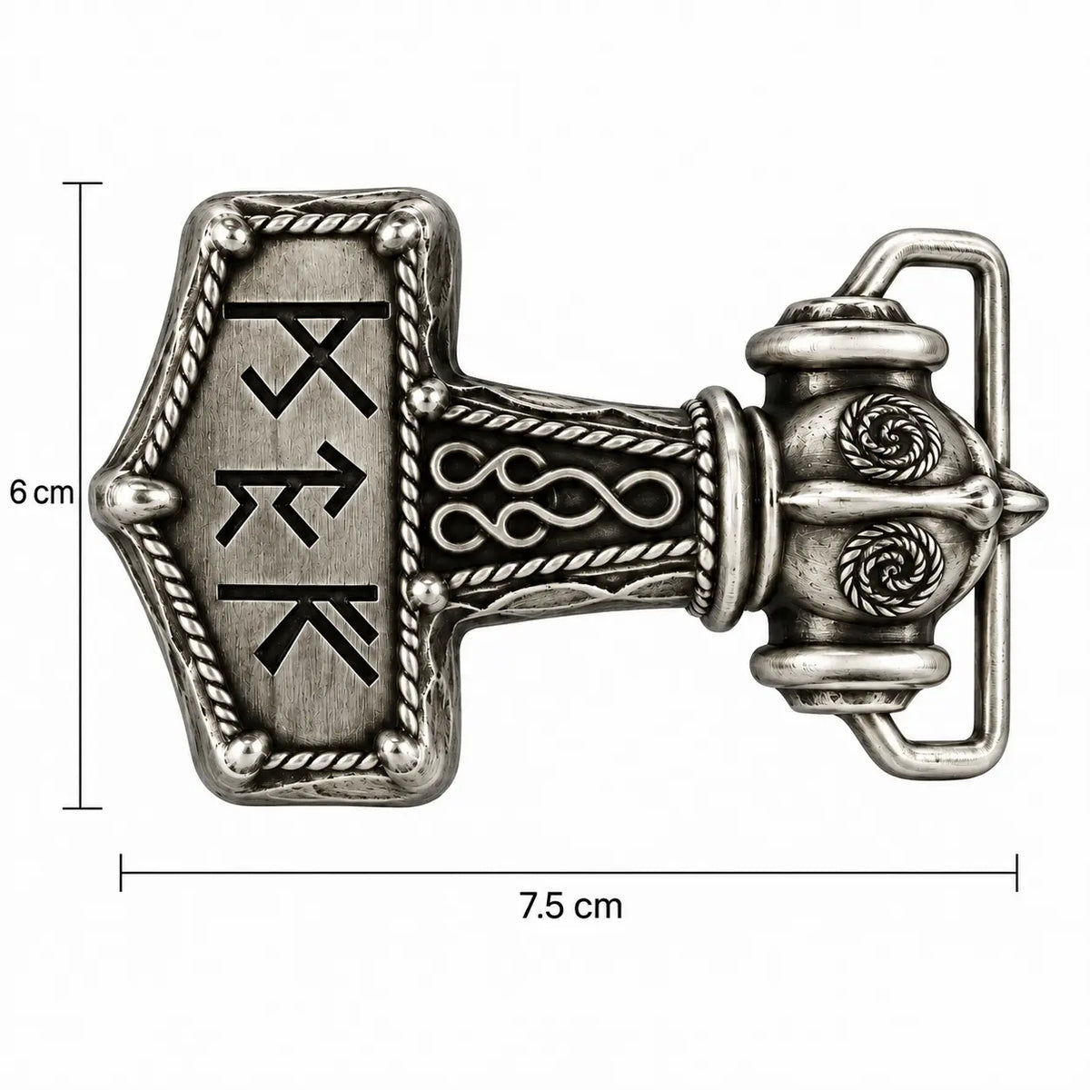 Viking hammer belt buckle size guide showing 7.5 cm by 6 cm dimensions