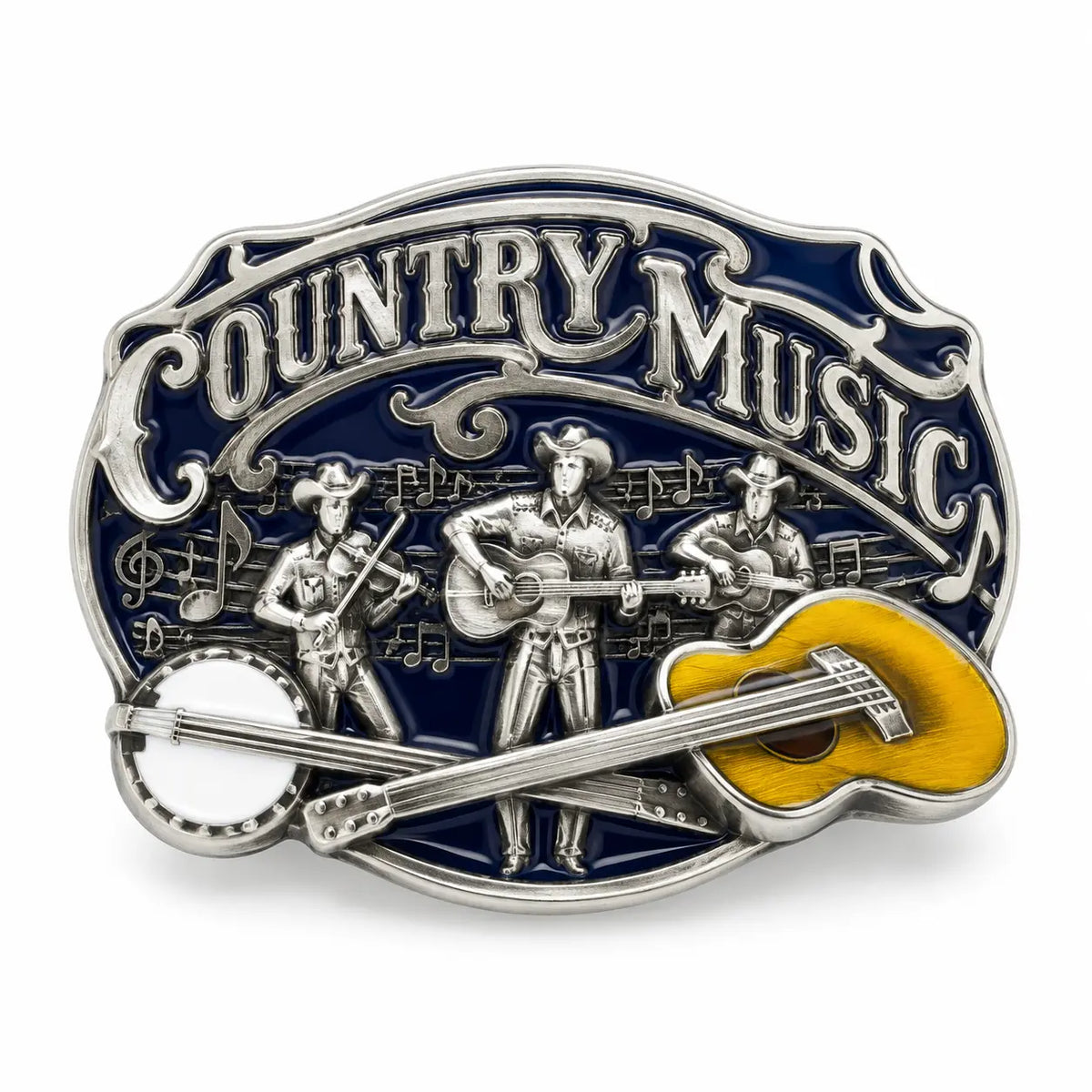 Country Music belt buckle front view with musicians, guitars and raised silver-tone lettering