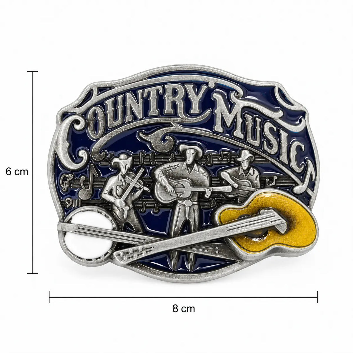 FMB236 Country Music belt buckle size guide showing 8 cm by 6 cm dimensions