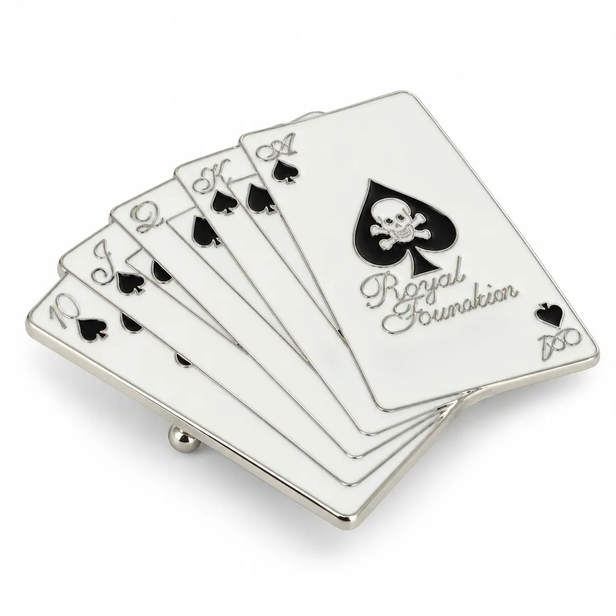 Angled view of white Royal Flush playing card belt buckle with skull Ace of Spades