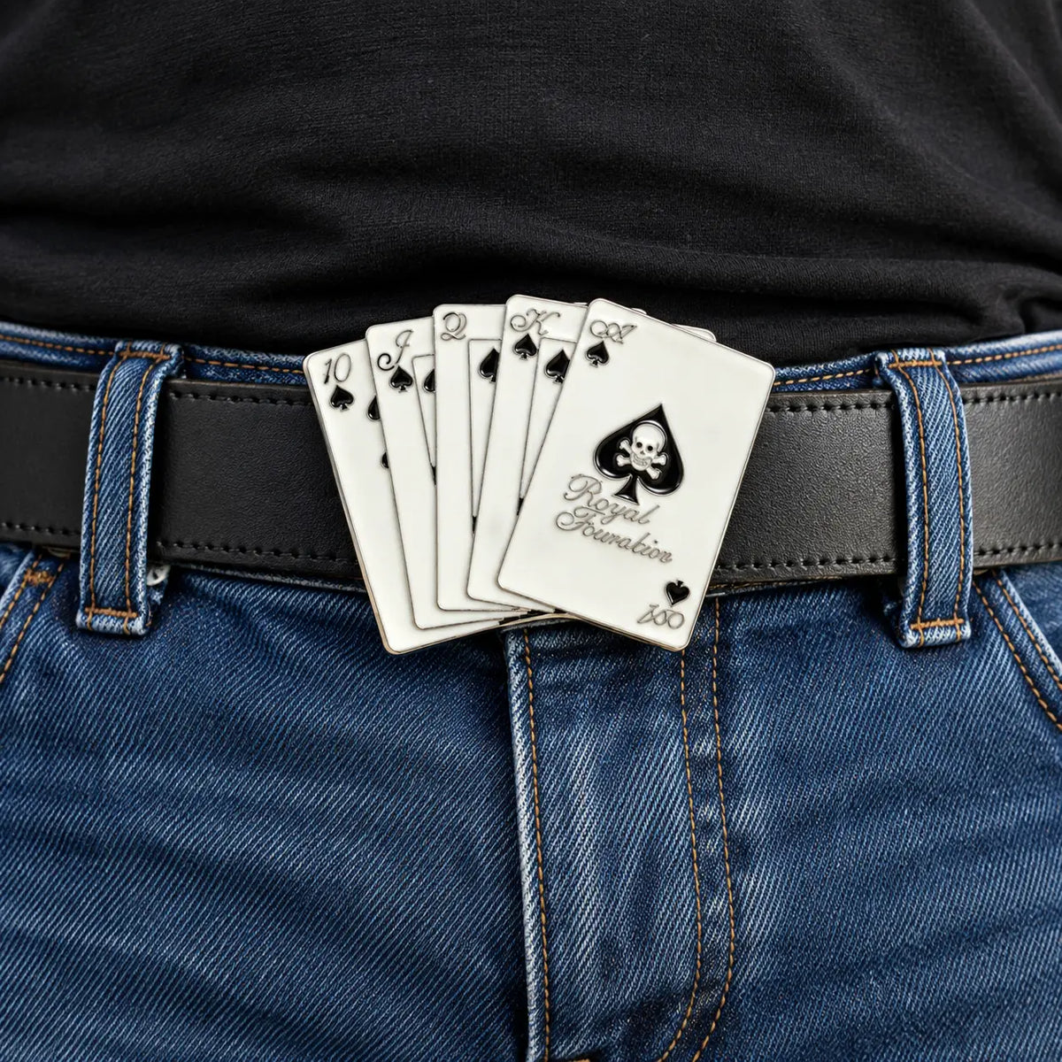 Royal Flush playing card belt buckle worn on a black leather belt