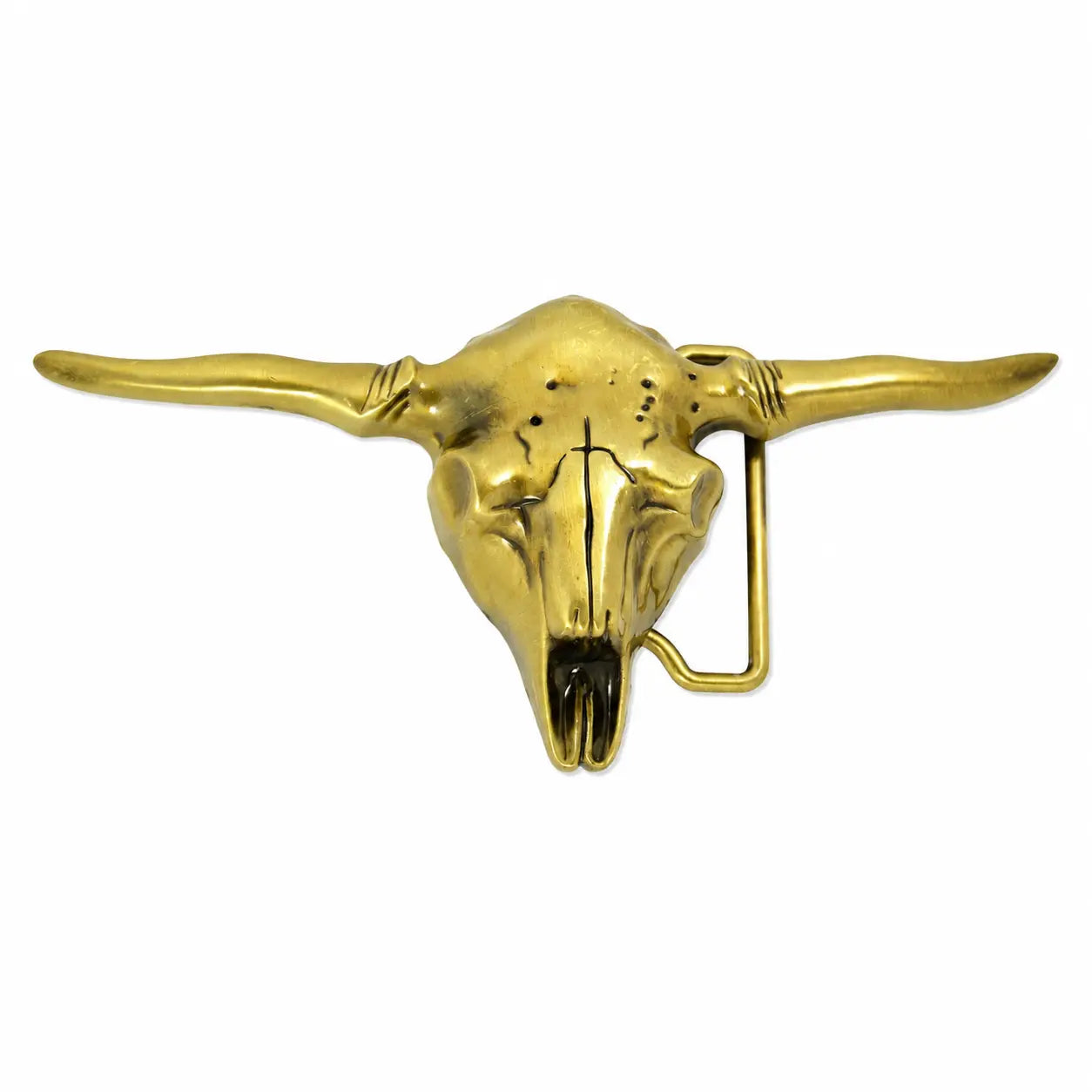 A gold-toned metal belt buckle shaped like a longhorn steer skull, featuring long curved horns and a hidden fastening bar on the right side, shown against a plain white background.