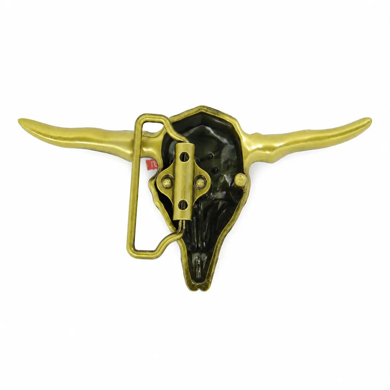 A metal belt buckle shaped like a longhorn skull, shown against a plain white background. The front features a polished brass/gold-toned finish with a black recessed interior and a small red accent near the hinge.