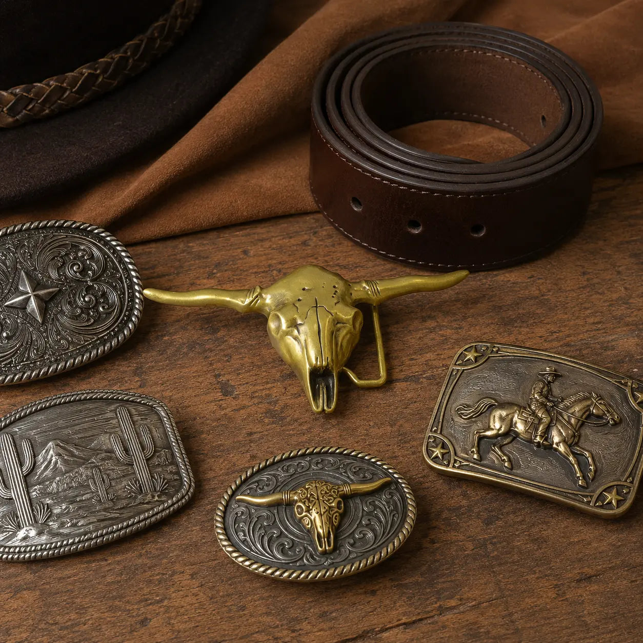A styled flat-lay of western belt buckles and a brown leather belt on a wooden surface with draped brown fabric. The belt features a rolled dark brown leather loop with silver rivets and a stitched edge.