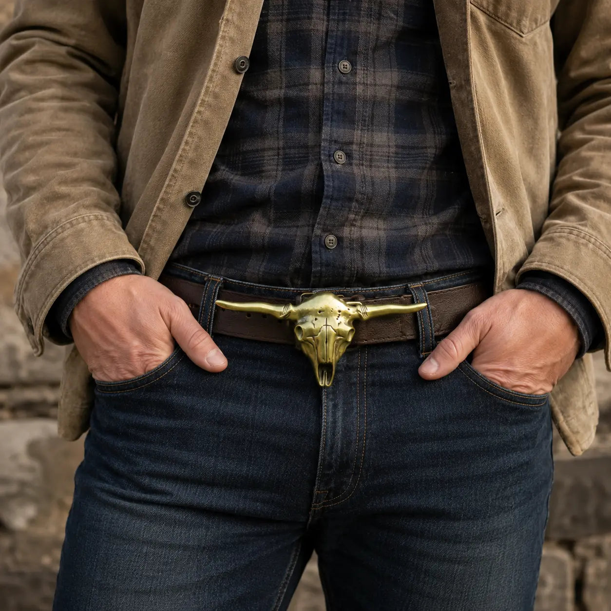 A close-up of a man wearing a brown leather belt with a brass steer skull buckle, styled with a brown shirt jacket, plaid shirt, and dark blue jeans.