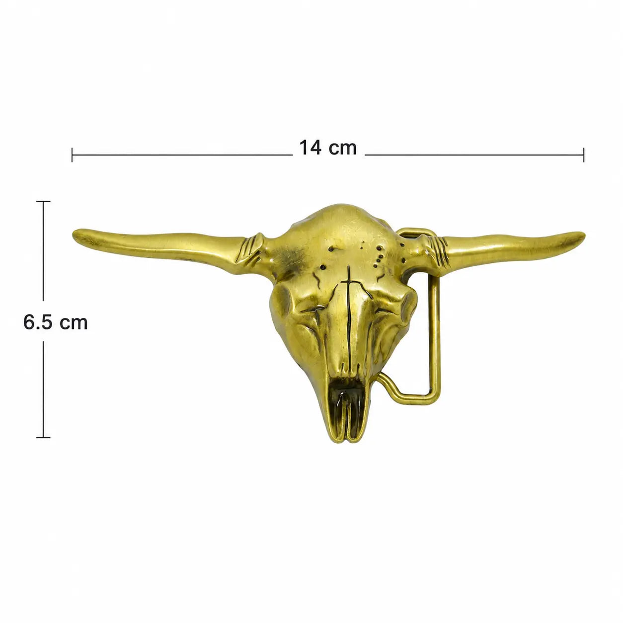 brass metal longhorn skull buckle with long curved horns and a vertical mounting loop, shown on a white background with dimension lines indicating 14 cm width and 6.5 cm height.